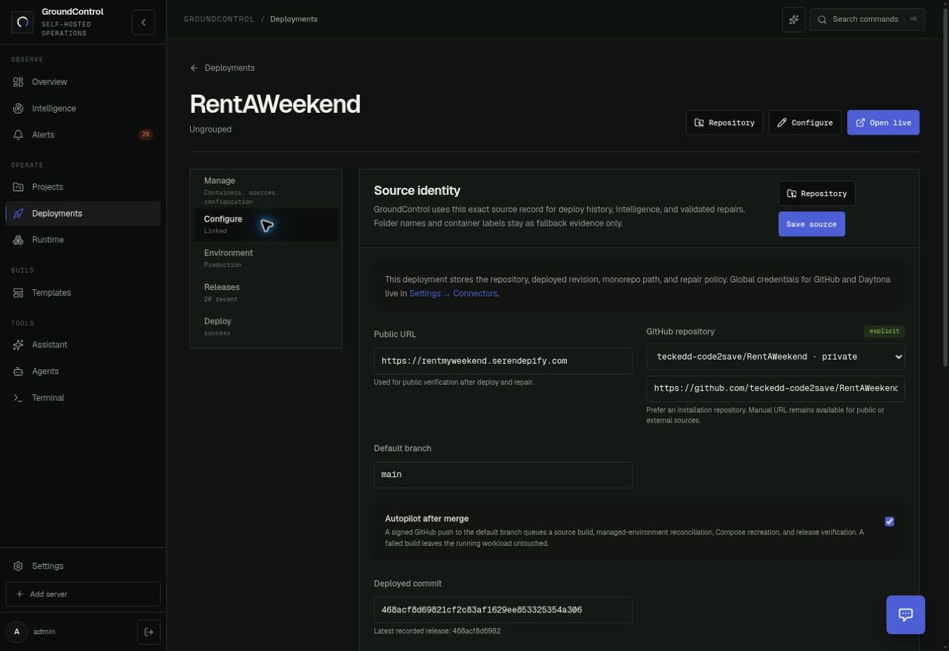 RentAWeekend Configure tab showing repository, branch, public URL and Autopilot after merge