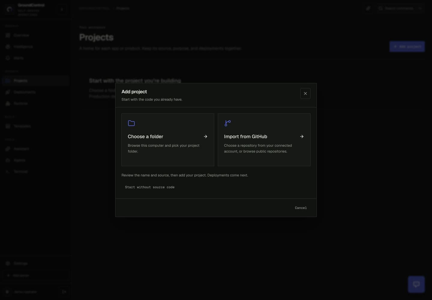 GroundControl Add project chooser with folder and GitHub import options