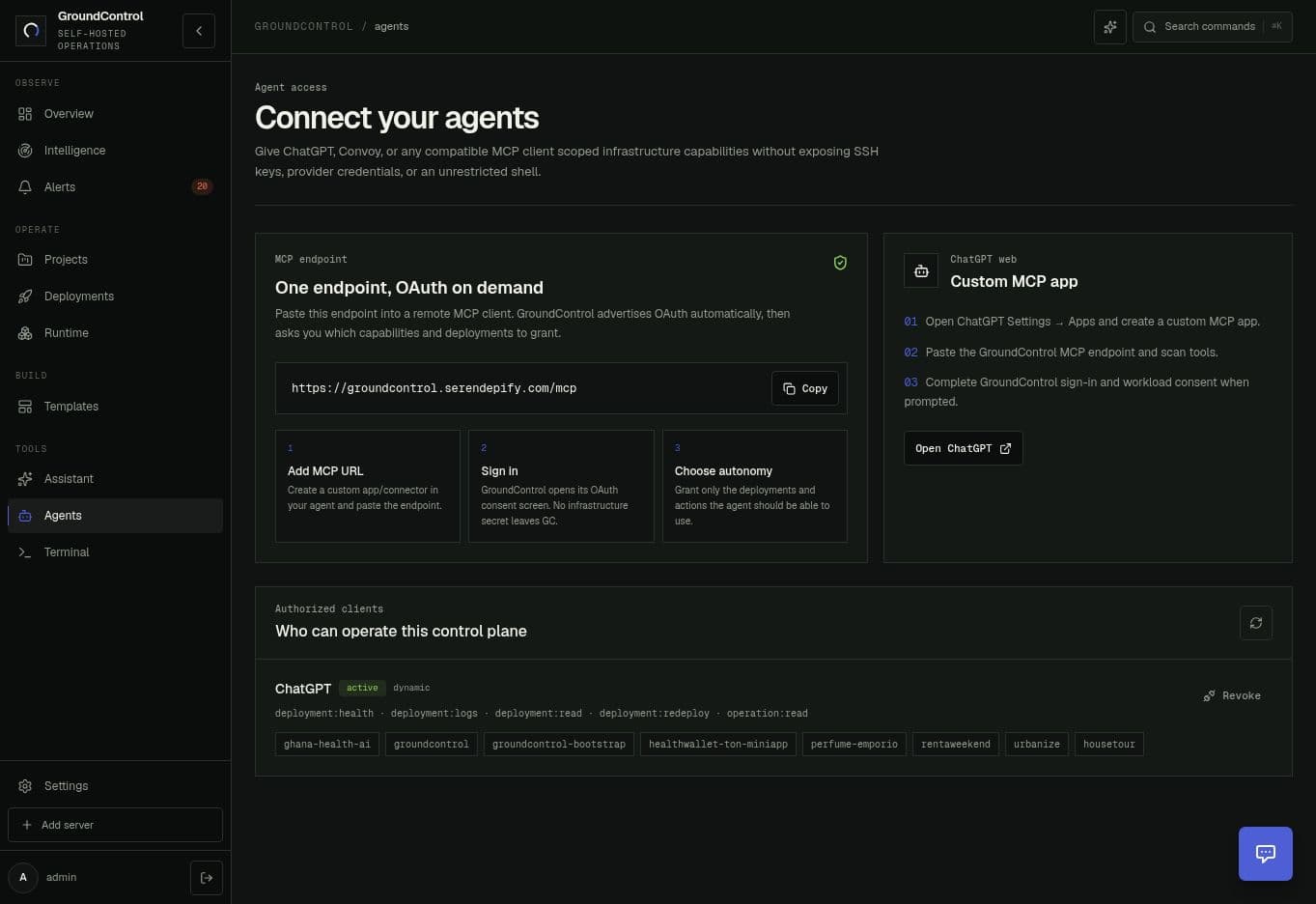 GroundControl Agents workspace with the MCP endpoint and an active ChatGPT grant