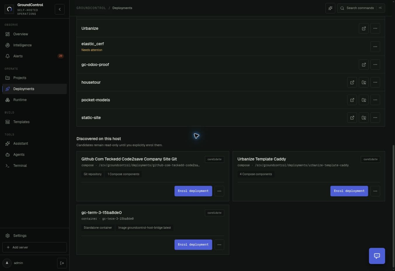 GroundControl discovery candidates showing Compose paths, component counts and enrollment buttons