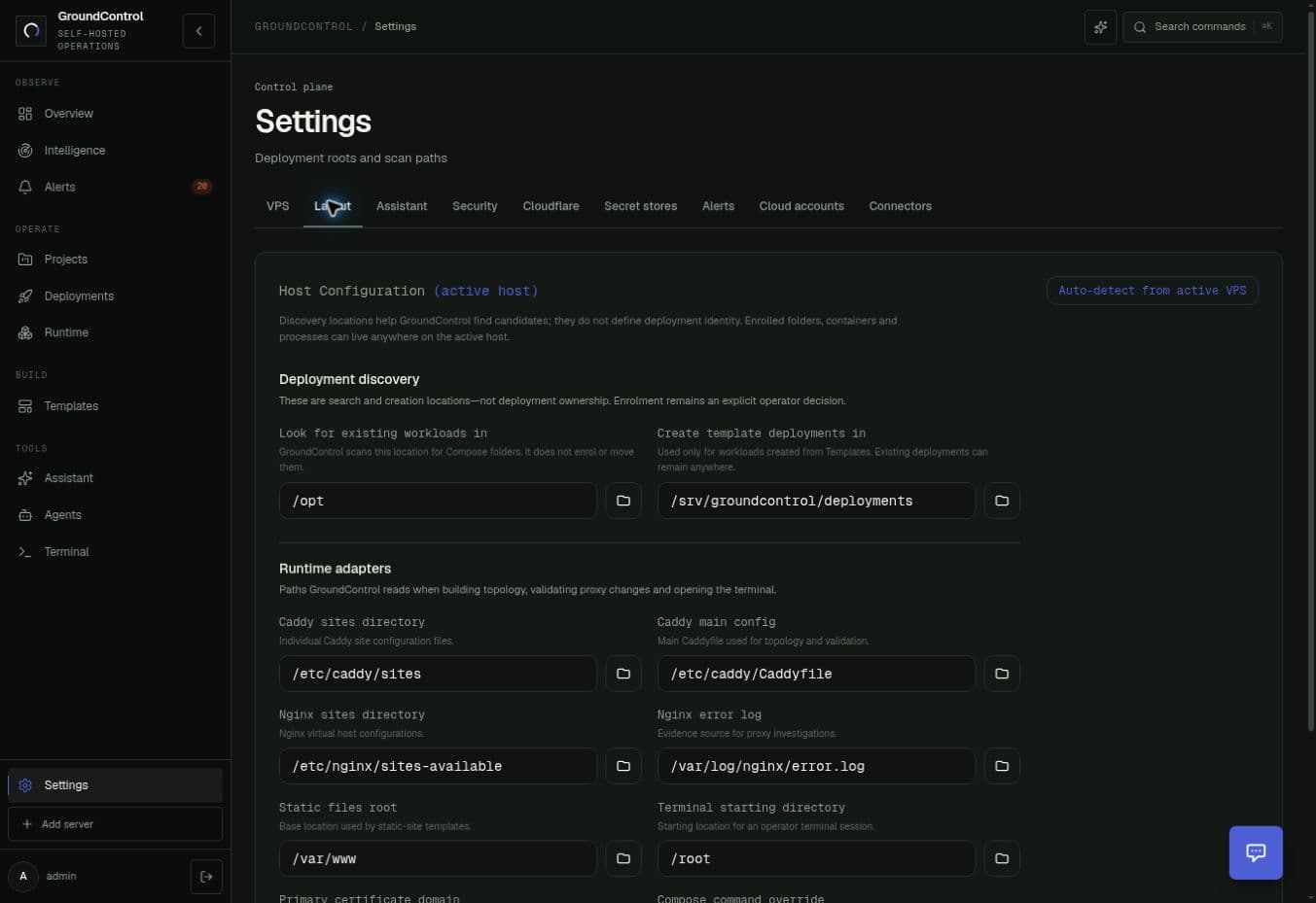 GroundControl Settings Layout with existing workload and template deployment paths
