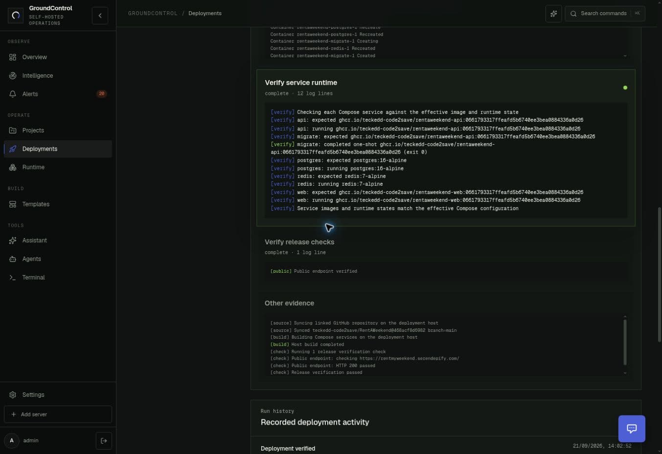 GroundControl runtime image verification and public HTTP 200 evidence for RentAWeekend